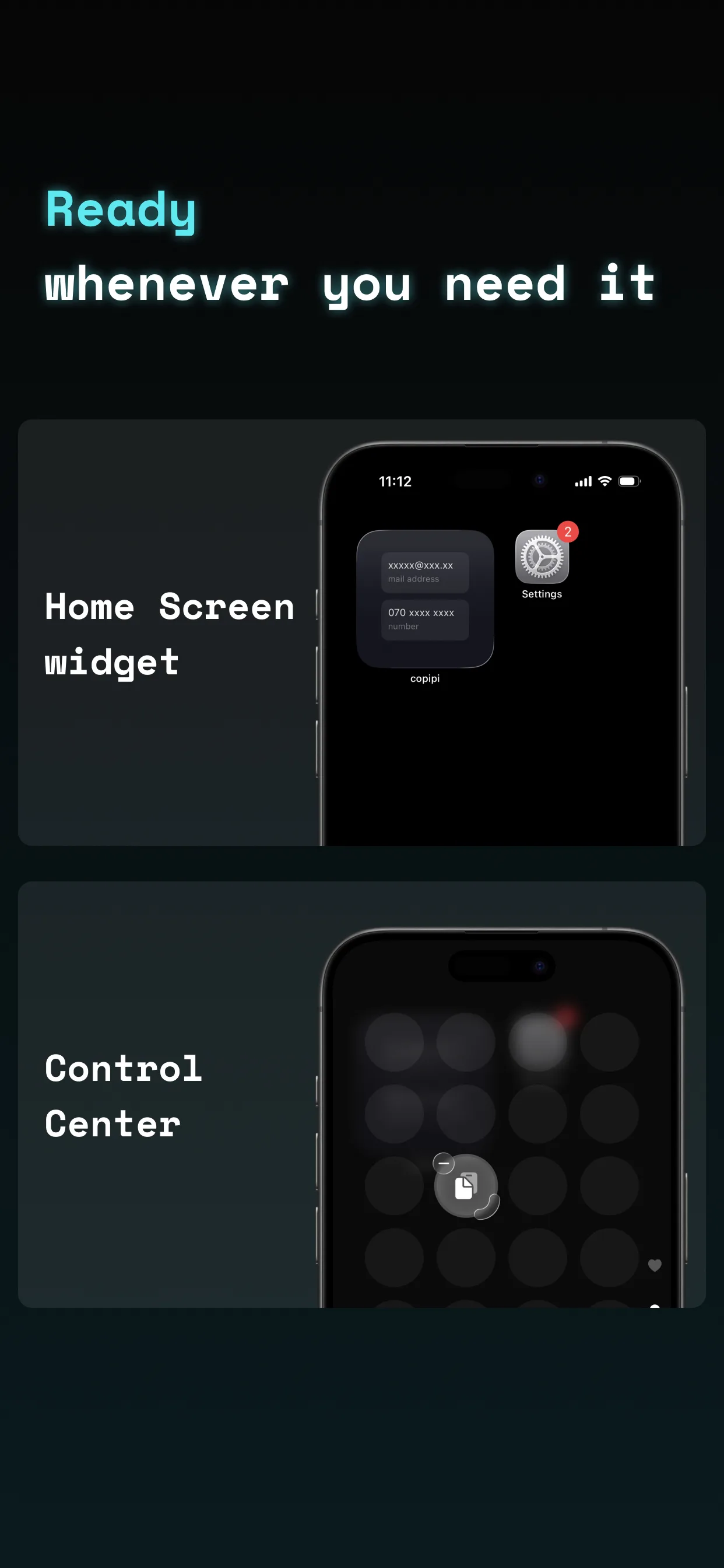 copipi home screen widget and Control Center — copy text instantly from anywhere