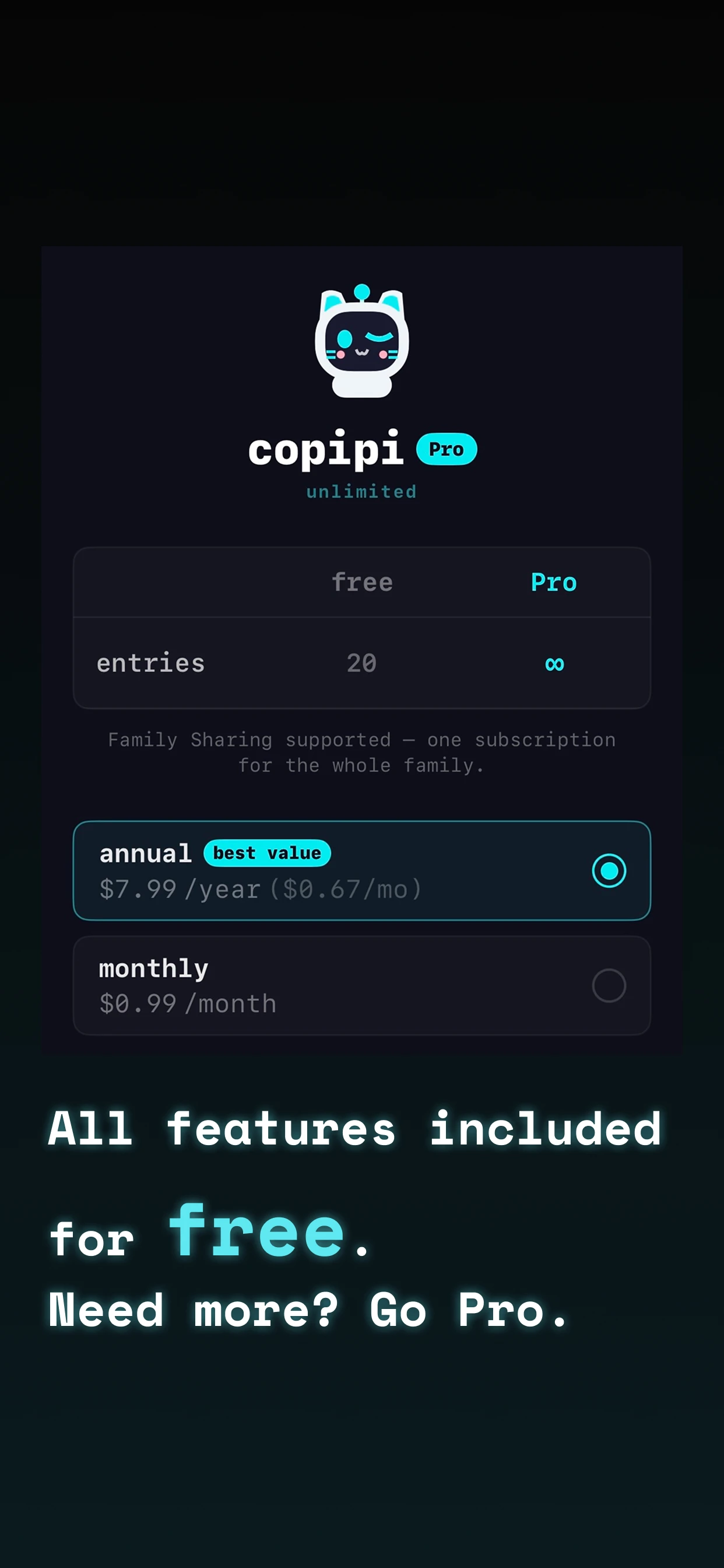 copipi Pro pricing — all features free, Pro plan from $0.99 per month