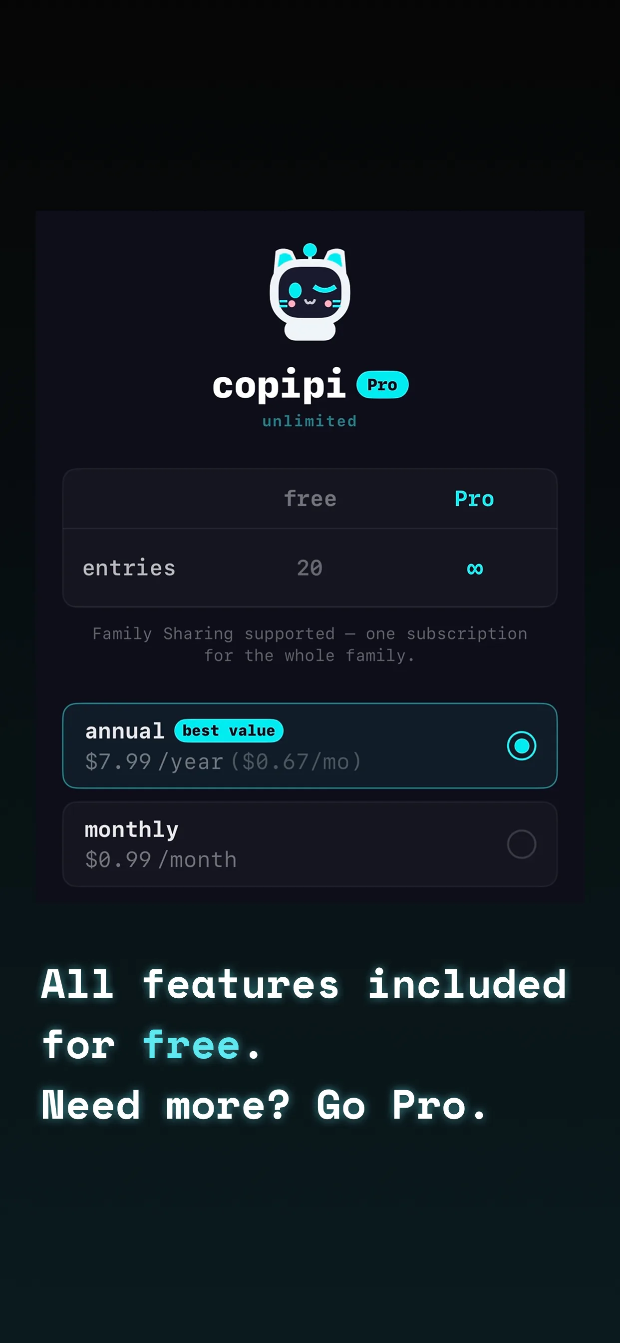 copipi Pro pricing — all features free, Pro plan from $0.99 per month
