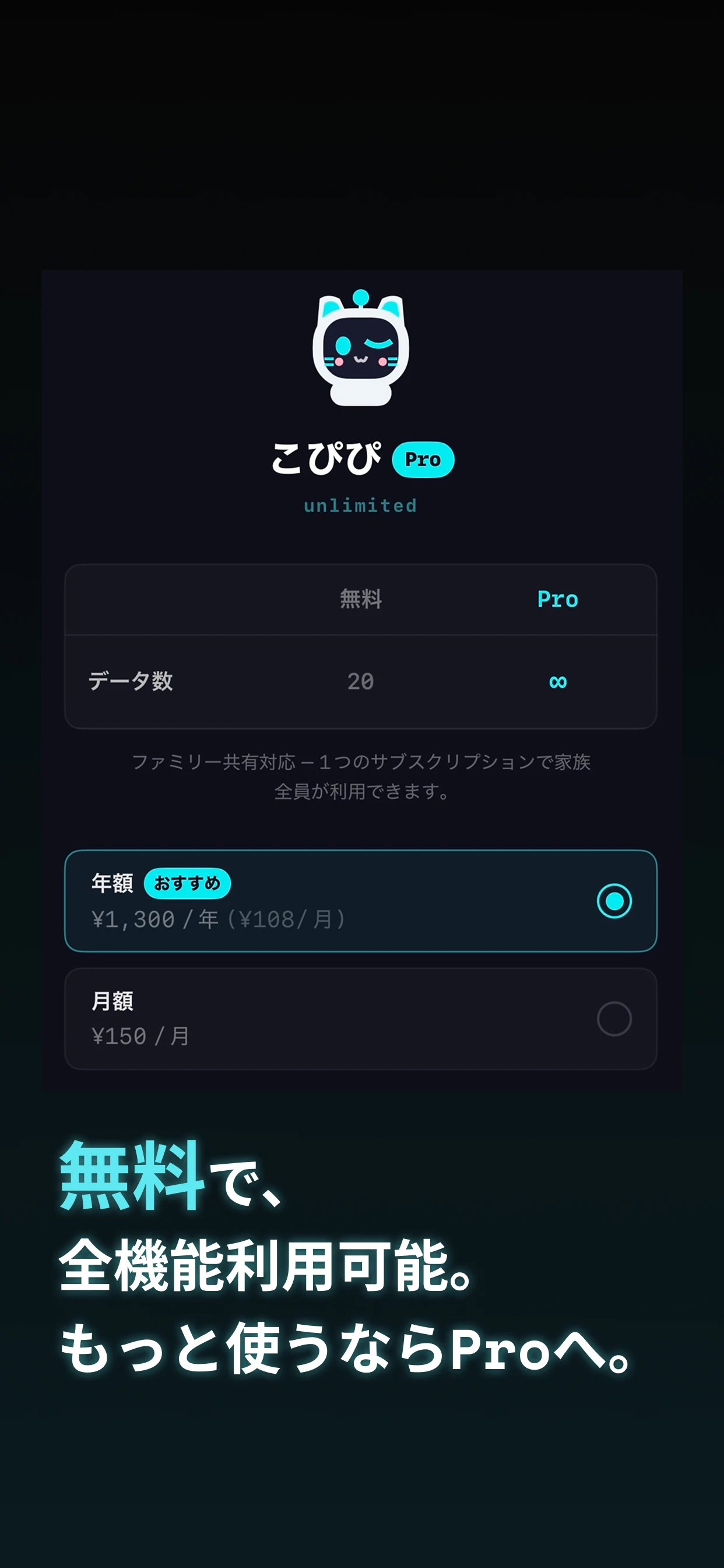 こぴぴProの料金プラン — 無料で全機能利用可能、Proは年額1300円