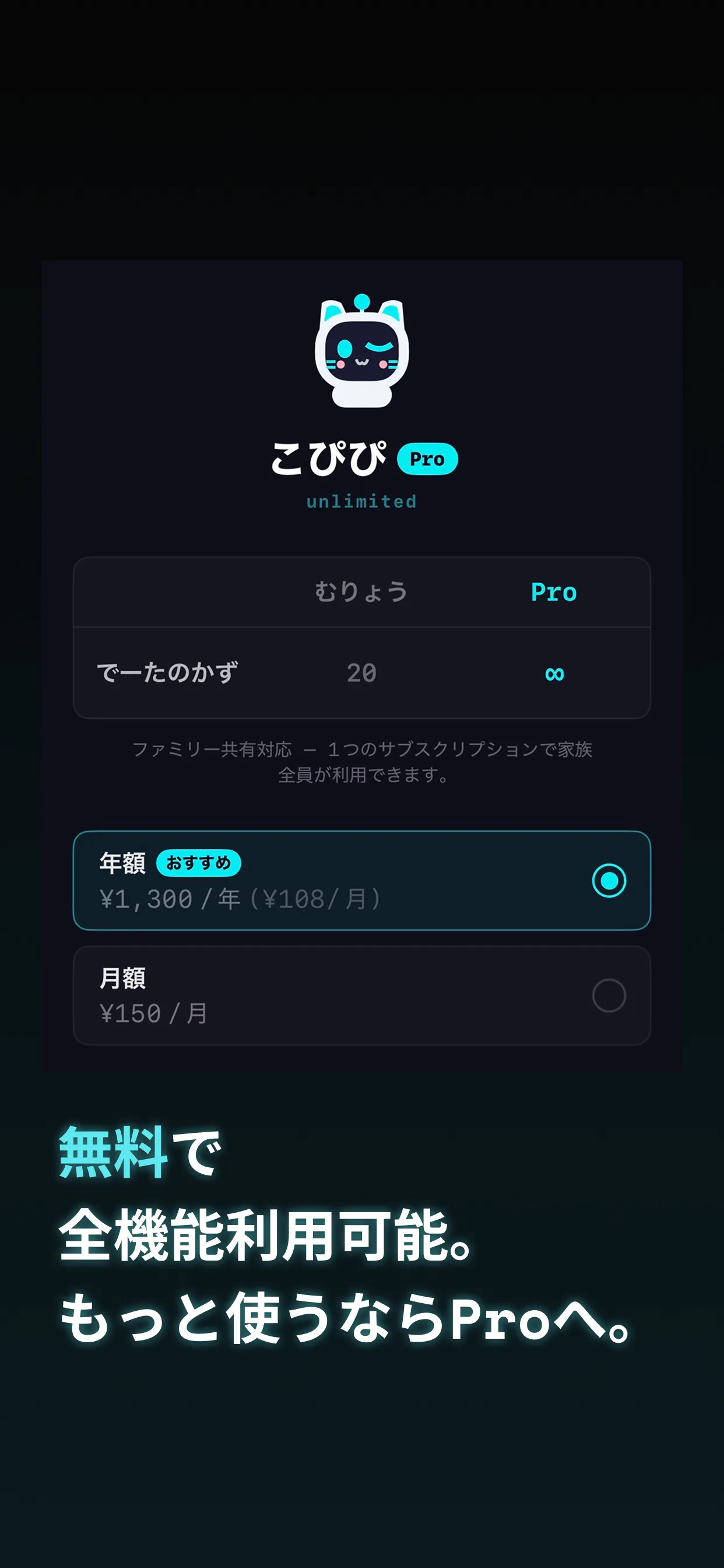 こぴぴProの料金プラン — 無料で全機能利用可能、Proは年額1300円