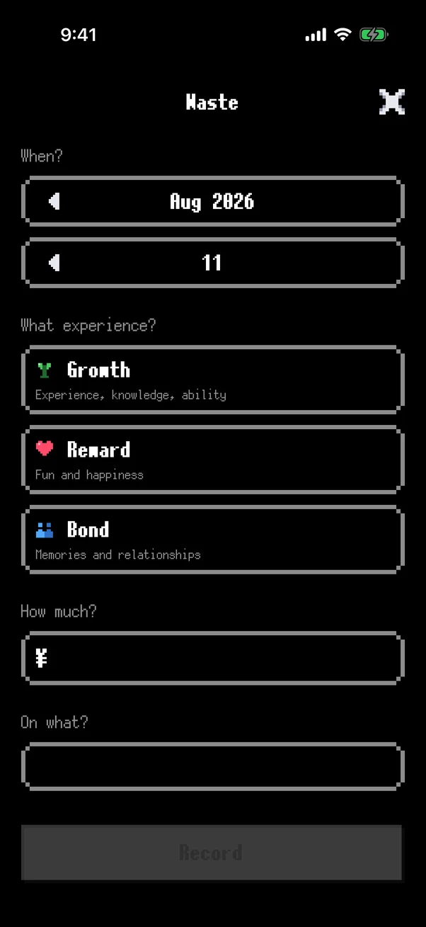 WasteLvl entry screen — pick Growth, Reward or Bond before typing the amount