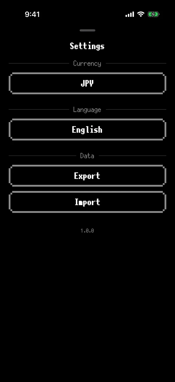 WasteLvl settings — currency, language, and JSON export and import