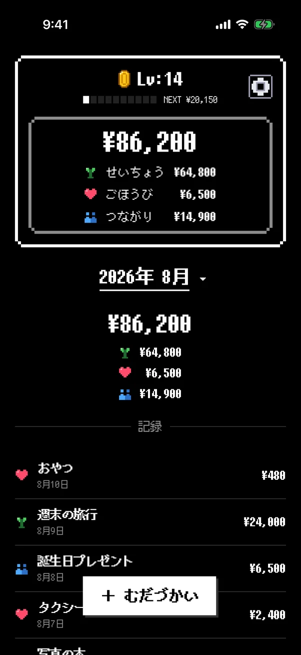 無駄レベのメイン画面。レベルと累計金額、選んだ月の記録が並ぶ